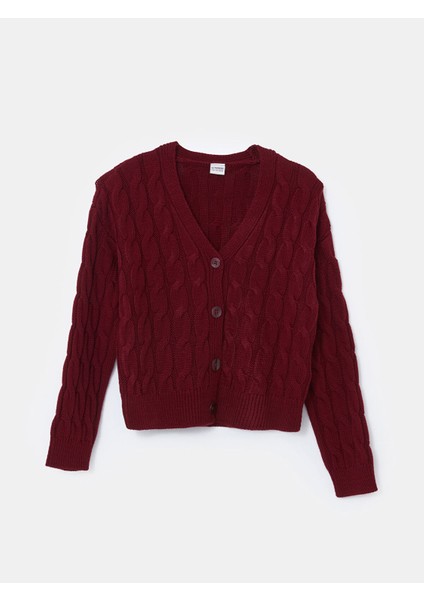 Yeni Sezon V Yaka Saç Örgüsü Desenli Kız Çocuk Triko Hırka