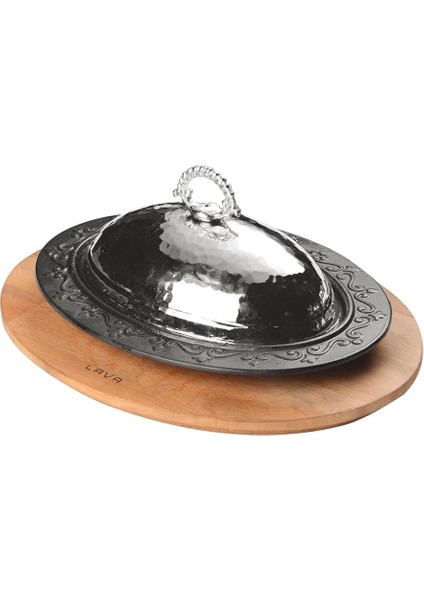 Döküm Oval Döner, Kebap Tabağı Kayın Servis Ahşabı ve Bakır Dövme Formlu Kapak Ölçü 28X20CM.