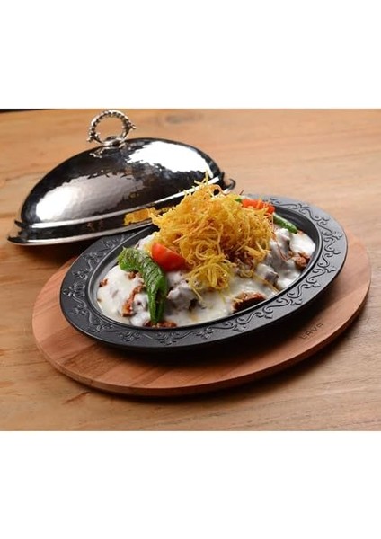 Döküm Oval Döner, Kebap Tabağı Kayın Servis Ahşabı ve Bakır Dövme Formlu Kapak Ölçü 28X20CM. modelleri