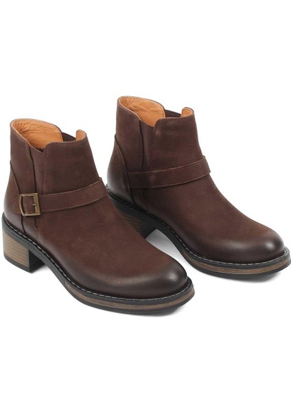 Kadın Kahverengi Tokalı Kalın Topuklu Nubuk Deri Bot