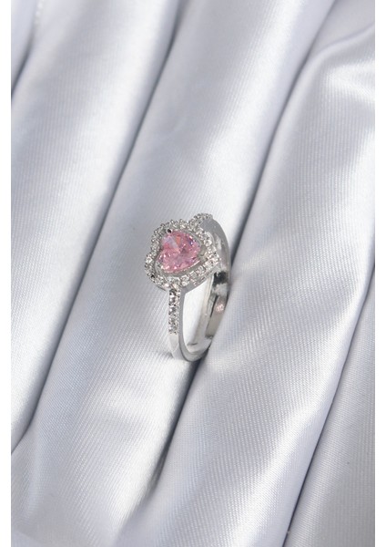 Pirinç Gümüş Renk Pembe Zirkon Taş Kalp Charm Model Kadın Yüzük