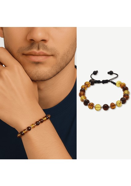 Makrome Örgülü Dorika Detaylı Multicolor Natural Form Doğal Damla Kehribar Erkek Bileklik modelleri