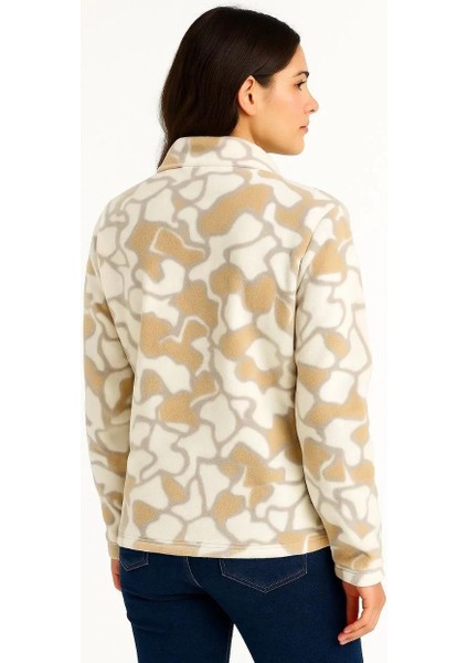 Kadın Yarım Fermuarlı Desenli Polar Sweat Yakalı, Uzun Kollu, Oversize Rahat Kalıp - Bej fiyatları
