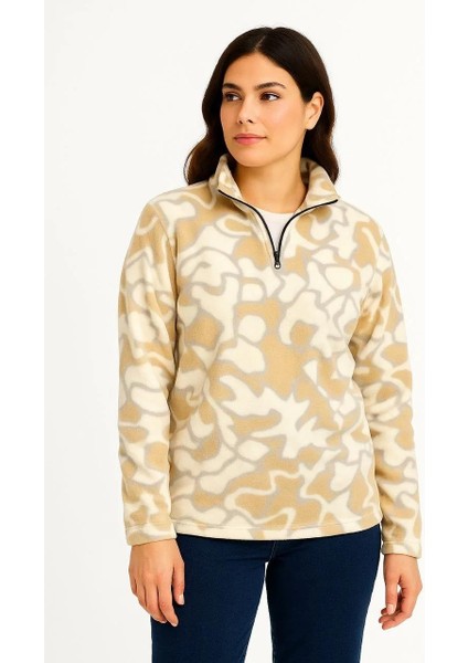 Kadın Yarım Fermuarlı Desenli Polar Sweat Yakalı, Uzun Kollu, Oversize Rahat Kalıp - Bej modelleri