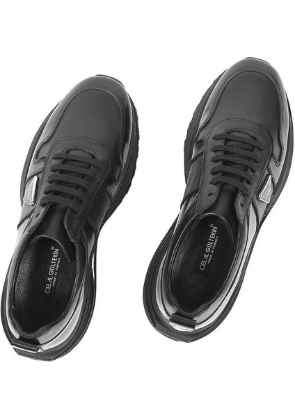 Erkek Siyah Bağcıklı Kalın Tabanlı Deri Sneaker