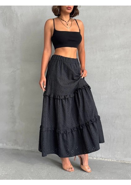 Yzlal Fırfırlı Brodeli Astarlı Uzun Etek Siyah S255047 (Beden: S)