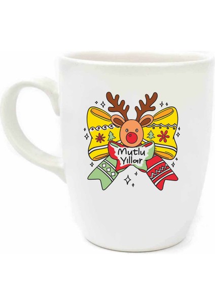 Mutlu Yıllar Kurdele Geyik Krem Oval Kupa No:18-Yılbaşı Temalı Kupa