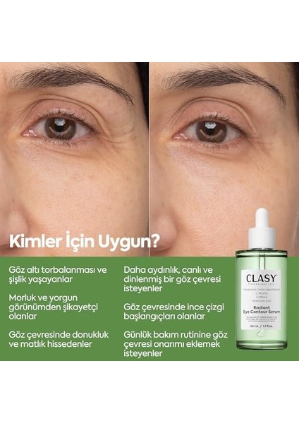 Clasycare Radiant Göz Çevresi Serumu – Kafein Göz Serumu – Hyaluronik Asit ve C Vitamini ile Göz Altı Morlukları, Şişlik ve Ince Çizgilere Karşı Etkili – Tüm Cilt Tipleri Için, 50 ml fiyatları