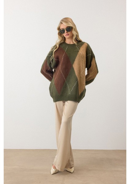 Baklava Desenli Yeşil Triko Kazak