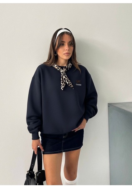 Fularlı Leopar Nakışlı Lacivert Sweatshirt