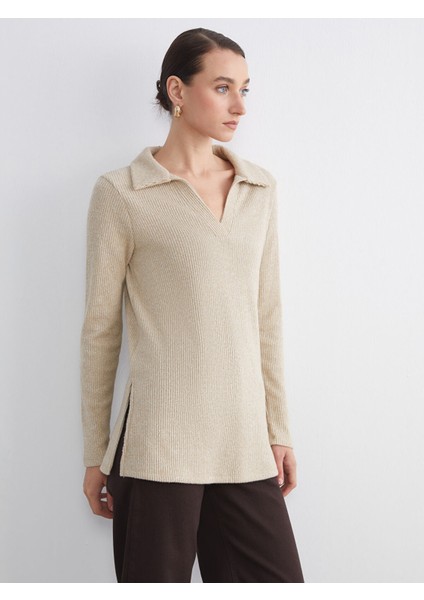 Yeni Sezon Polo Yaka Parlak Görünümlü Bluz