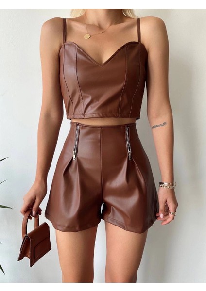 Yzlal Çift Fermuarlı Deri Şort Kahve H24394 (Beden: S) fiyatları