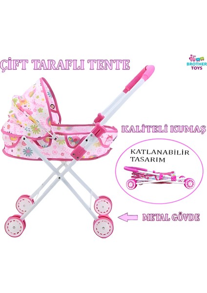Yataklı ve Tenteli Kaliteli Metal Oyuncak Puset Bebek Arabası