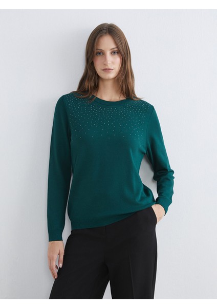 Yeni Sezon Bisiklet Yaka Taşlı Kadın Triko Kazak