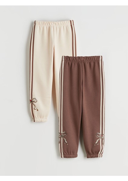 Yeni Sezon Beli Lastikli Fiyonk Baskılı Kız Çocuk Eşofman Alt 2'li