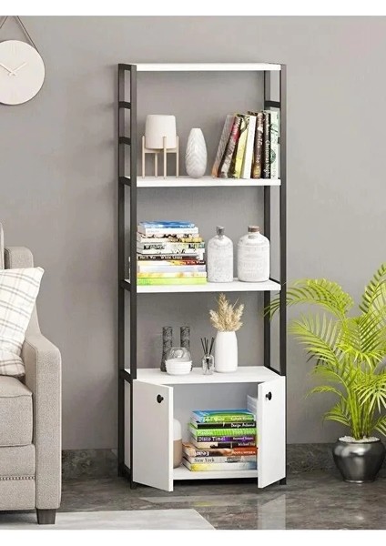 Kitaplık 5 Raflı Çok Amaçlı Dosya Kitap Rafı Ofis Salon Rafı 140 cm 2 Kapaklı Beyaz