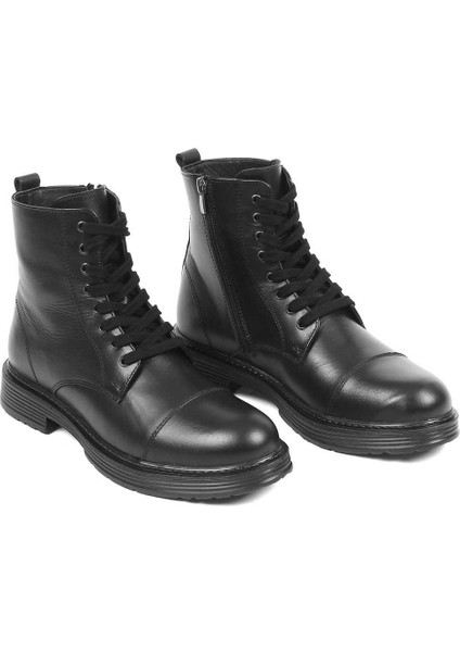 Erkek Siyah Bağcıklı Fermuarlı Deri Bot