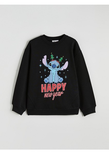 Yeni Sezon Yılbaşı Temalı Stitch Baskılı Kız Çocuk Sweatshirt
