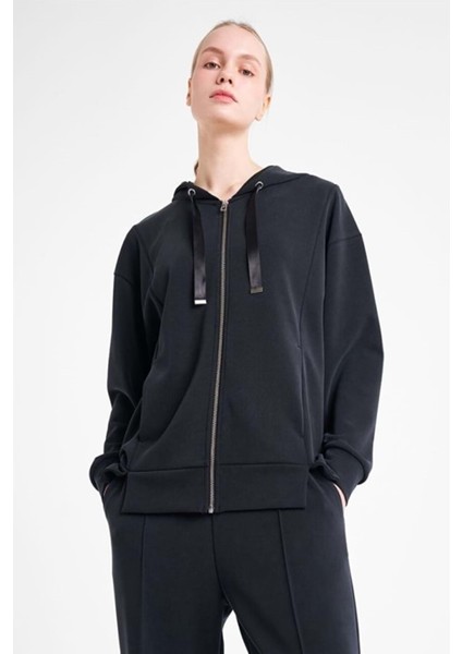25N-2103 Kadın Fermuarlı Kapüşonlu Sweatshirt - Siyah fırsatları
