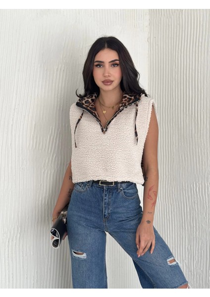 Yzlal Astarlı Kapşonlu Kuzu Yelek Beyaz T1243 (Beden: Xl)