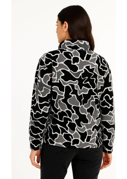 Kadın Yarım Fermuarlı Desenli Polar Sweat Yakalı, Uzun Kollu, Oversize Rahat Kalıp - Siyah fiyatları