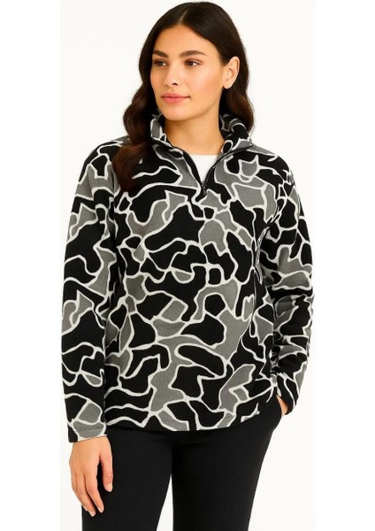 Kadın Yarım Fermuarlı Desenli Polar Sweat Yakalı, Uzun Kollu, Oversize Rahat Kalıp - Siyah modelleri