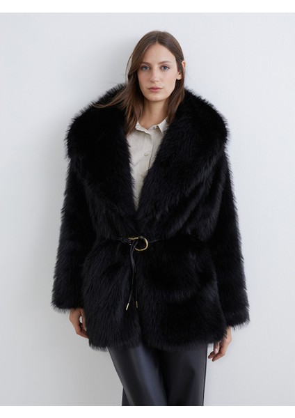 Yeni Sezon Şal Yaka Oversize Kadın Kürk Kaban