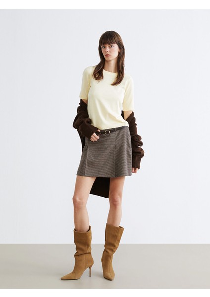 Yeni Sezon Beli Kemerli Ekose Pileli Mini Etek