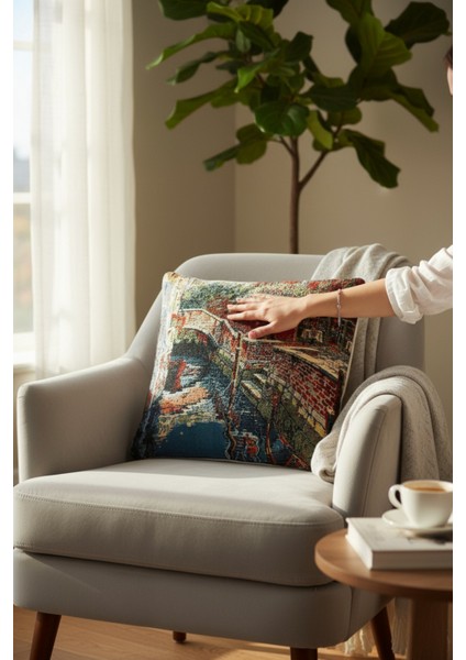 Jakarlı Dokuma Goblen Kırlent Kılıfı – 45X45 cm Biyeli ve Çift Taraflı Dekoratif Yastık