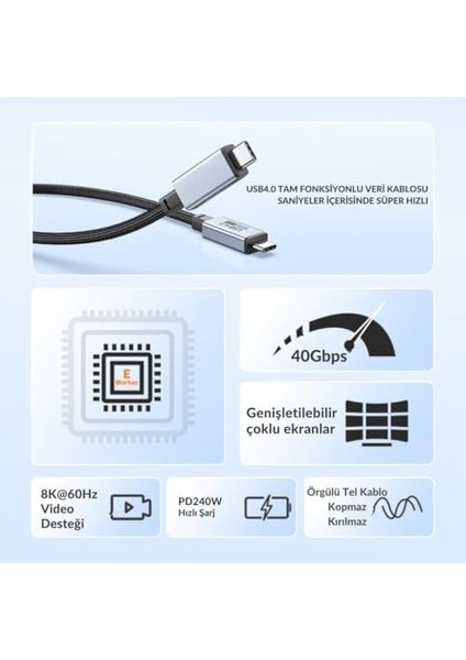 2 Metre 240W 4.0 Thunderbolt Type-C To Type-C Şarj, ve 8k 60Hz Görüntü Aktarım Kablosu modelleri