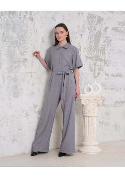 Yzlal Kuşaklı Gömlek Yaka Salaş Tulum Gri S255822 (Beden: M) fırsatları