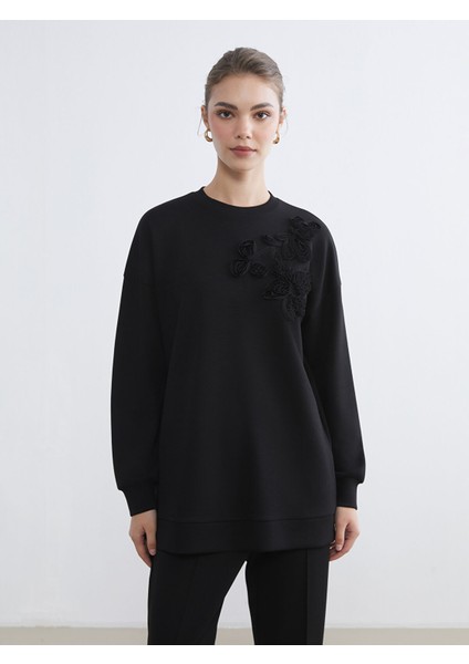 Yeni Sezon Bisiklet Yaka Çiçekli Kadın Sweatshirt Tunik