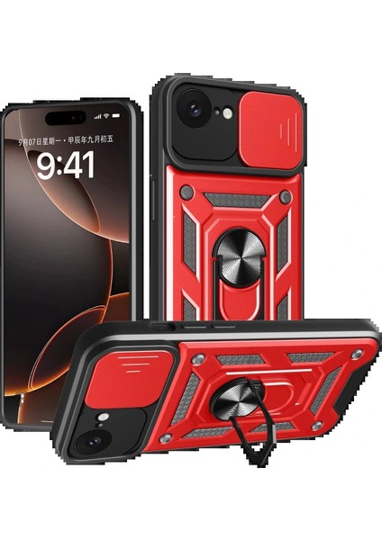 iPhone 16E Kılıf Pars Lens Yüzüklü Silikon - Kırmızı