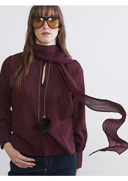 Yeni Sezon Bağlamalı Yaka Dokulu Şifon Bluz