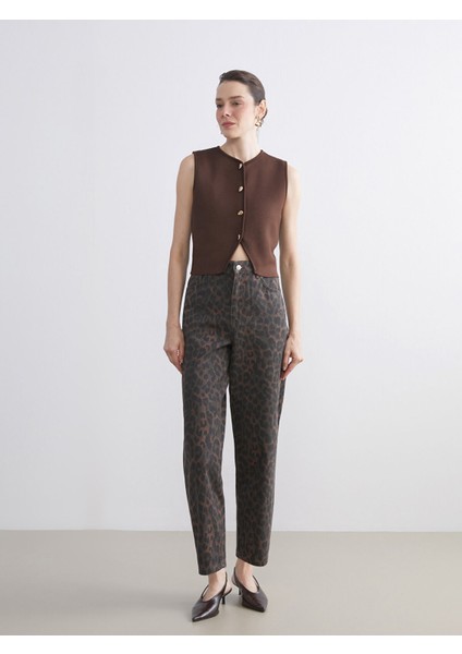 Yeni Sezon Baggy Fit Leopar Desenli Kadın Jean Pantolon