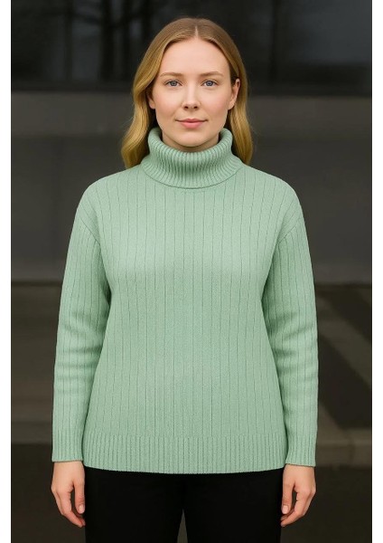 Kadın Balıkcı Yaka Bağazlı Triko Kazak Pamuklu Kalın Fitilli Dokuma - Mint Yeşili fiyatları