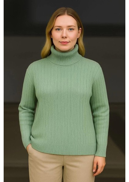 Kadın Balıkcı Yaka Bağazlı Triko Kazak Pamuklu Kalın Fitilli Dokuma - Mint Yeşili modelleri