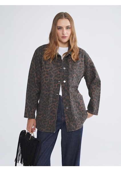 Yeni Sezon Leopar Desenli Kuşaklı Kadın Jean Ceket
