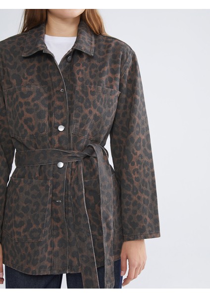 Yeni Sezon Leopar Desenli Kuşaklı Kadın Jean Ceket modelleri