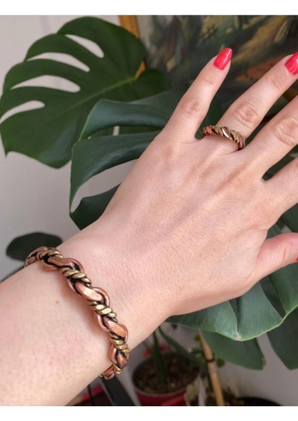 Parla Bakır Pirinç Karışımlı Burgu Bakır Bileklik-Yüzük Takım