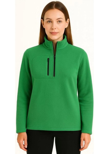 Kadın Polar Kazak – Dik Yaka, Yarım Fermuarlı, Fermuarlı Göğüs Cepli, Siyah Biyeli, Kışlık Rahat Regular Fit Günlük Model - Yeşil fiyatları