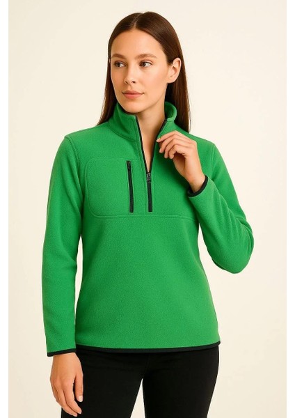 Kadın Polar Kazak – Dik Yaka, Yarım Fermuarlı, Fermuarlı Göğüs Cepli, Siyah Biyeli, Kışlık Rahat Regular Fit Günlük Model - Yeşil fırsatları