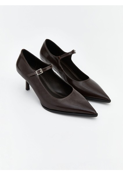 Yeni Sezon Deri Görünümlü Sivri Burun Kadın Topuklu Ayakkabı