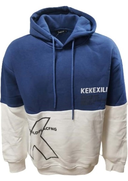 Cool T01215 Erkek Oversize Kapüşonlu Baskılı Üç Iplik Sweatshirt - ST01215-MAVI-M
