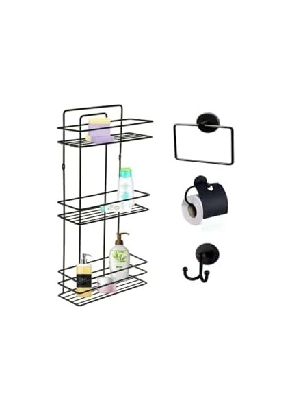 Aksesuar Seti 4 Lü Siyah, Ömür Boyu Paslanmaz Düz Duş Rafı Şampuanlık Siyah Tş-03 modelleri