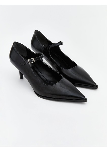 Yeni Sezon Deri Görünümlü Sivri Burun Kadın Topuklu Ayakkabı
