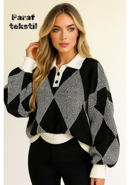 Kadın Baklava Desen Oversize Triko Kazak