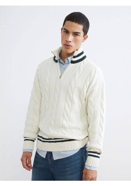 Yeni Sezon Fermuarlı Dik Yaka Çizgili Erkek Triko Kazak