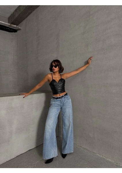 Yzlal Ip Askılı Yandan Fermuarlı Rastale Deri Crop Siyah S24113 (Beden: M) fırsatları