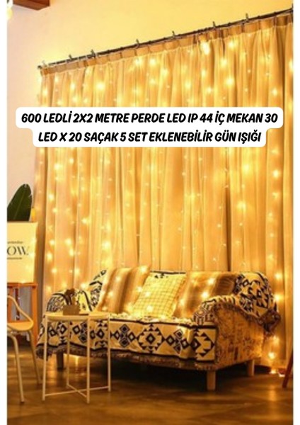 600 Ledli 2x2 Metre Perde LED Ip 44 Iç Mekan 30 LED x 20 Saçak 5 Set Eklenebilir Gün Işığı